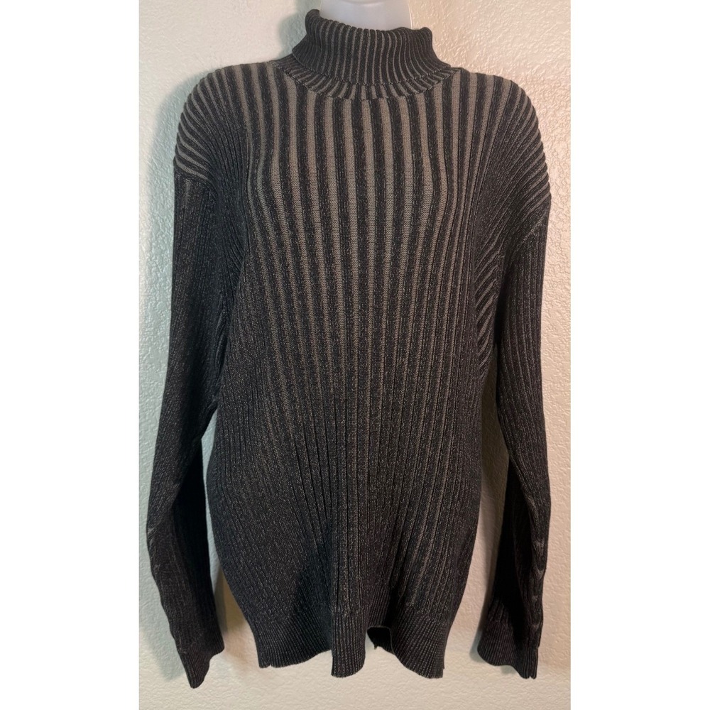 Jhane Barnes Mens XL Sweater Black Stripe Cotton Wool Mock Neck Preppy Layer